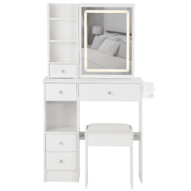 29.2 Small Size Left Drawer Desktop Vanity Table  Cushioned Stool, 2 AC2 USB Power Station, Hair Dryer Bracket, Extra Large Touch Control Sliding (Color: White)