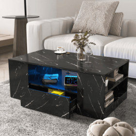 Modern Coffee Tables For Living Room, LED Coffee Table, Storage Coffee Table, Small Coffee Table, Wood Center Table With 2 Drawers And Open Side (Color: Black)