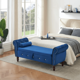 63.38Velvet Multifunctional Storage Rectangular Ottoman Bench Comes With Crystal Buckle Solid Wood Legs With 1 Pillow (Color: Blue)