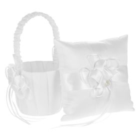 7 * 7 inches Ivory White Satin Flower Bowknot Ring Bearer Pillow and Wedding Flower Girl Basket Set (Option: as picture)