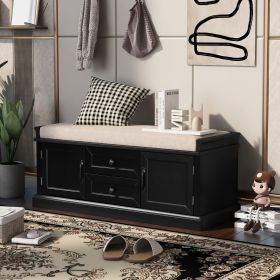 TREXM Storage Bench With Drawers, Cabinets & Removable Cushion For Living Room (Color: Black)