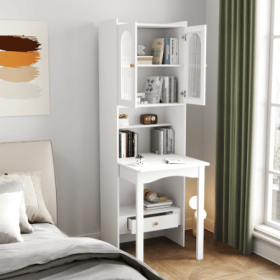 Fold-Out Convertible Writing Table, Desk Cabinet With Shelf And Drawer Multi-Function Home Office Workstation (Color: White)