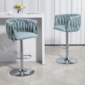 360 Fabric Cover Swivel Bar Stools Set Of 2, Adjustable Counter Height Bar Chairs With Woven Back & Footrest, Silver Chromed Bar Stools For Kitch (Color: Blue)