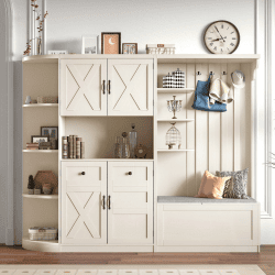 Multifunctional Left-right Combination Hall Cabinet  Can Be Used Separately  With Storage And 4 Hooks, Storage Cabinet Hall Tree 2 In 1 For Livin (Color: Beige)