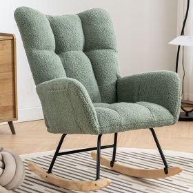 Rocking Chair With Pocket, Soft Teddy Fabric Rocking Chair For Nursery, Comfy Wingback Golider Rocking Chair With Safe Solid Wood Base For Living (Color: Green)