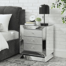 W 22 X D 16.5 X H26.4 Elegant Mirror Three Drawer Cabinet, Drawer Inlaid With Diamond Glass Mirror Three Drawer Cabinet, Suitable For Corridor, L (Color: Silver)
