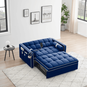 Leeper Sofa Couch W Pull Out Bed, 55 Modern Velvet Convertible Sleeper Sofa Bed, Small Love Seat Sofa Bed W Pillows  Side Pockets For Small Space (Color: Blue)