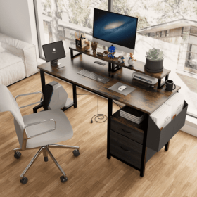 Computer Desk With Drawer And Power Outlets, 47 Office Desk With 2 Monitor Stands And Fabric File Cabinet, Writing Gaming Table With Shelves And (Option: Rustic Brown)