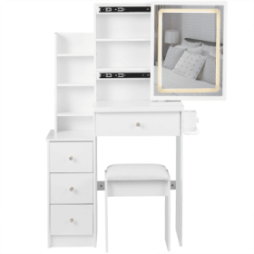 29.2 Small Size Left Bedside Cabinet Vanity Table   Cushioned Stool, 2 AC  2 USB Power Station, Hair Dryer Bracket  Extra Large Touch Control Sli (Color: White)