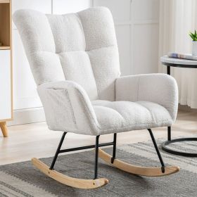 Rocking Chair With Pocket, Soft Teddy Fabric Rocking Chair For Nursery, Comfy Wingback Golider Rocking Chair With Safe Solid Wood Base For Living (Color: White)