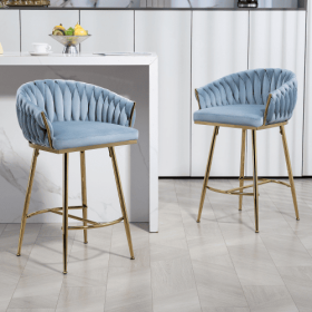 26 Counter Height Bar Stools Velvet Kitchen Island Counter Bar Stool With Hand- Wave Back,golden Chromed Base And Footrest (Color: Blue)