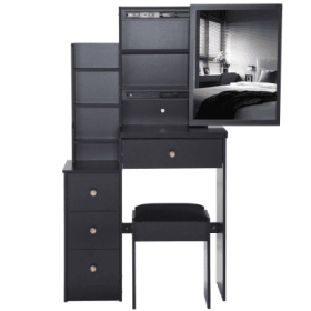 29.2 Small Space Left Bedside Cabinet Vanity Table   Cushioned Stool, Extra Large Right Sliding Mirror  Multi Layer High Capacity Storage, Practi (Color: Black)