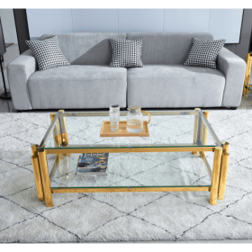 47 Wide Rectangle Modern Stainless Steel Coffee Table, Double-Layer Clear Tempered Glass Coffee Table, Center Table With Storage, For Living Room (Color: Gold)