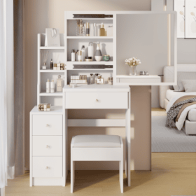 29.2 Small Space Left Bedside Cabinet Vanity Table  Cushioned Stool, Extra Large Right Sliding Mirror, Multi Layer High Capacity Storage, Practic (Color: White)