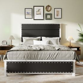 Queen Size Bed Frame With Upholstered Headboard, Queen Bed Frame With Charging Station And LED Lights, Wood Slats, Dark Gray Faux Leather & Rivet (Option: Queen)