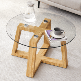Modern Practical Circular Coffee Tables. Made Of Transparent Tempered Glass Tabletop And Wood Colored MDF Material. Suitable For Living Rooms And (Option: Wood)