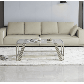 47 Wide Rectangle Modern Stainless Steel Coffee Table, Double-Layer Clear Tempered Glass Coffee Table, Center Table With Storage, For Living Room (Color: Silver)