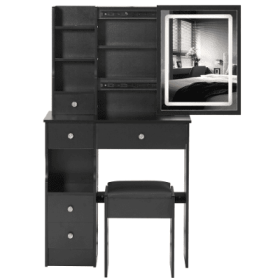 29.2 Small Size Left Drawer Desktop Vanity Table  Cushioned Stool, Large Sliding, Touch Control, Tri-color Switching, Brightness Adjust LED Mirro (Color: Black)