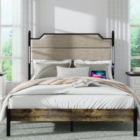 Queen Size Bed Frame With Upholstered Headboard , Queen Bed Frame With Charging Station And LED Lights, Wood Slats, Easy Assembly,No Box Spring N (Option: Queen)