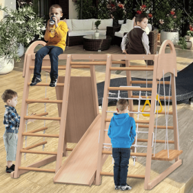 Indoor Playground 7-in-1 Jungle Gym Playset For Kids 2-6yrs - Slide, Climbing Wall, Rope Wall Climber, Monkey Bars, Swing - Waldorf And Montessor (Option: Natural Wood)