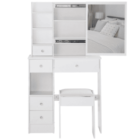 29.2 Small Space Left Drawer Desktop Vanity Table  Cushioned Stool, Extra Large Right Sliding Mirror, Multi Layer High Capacity Storage, Practica (Color: White)