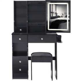 29.2 Small Size Left Drawer Desktop Vanity Table  Cushioned Stool, 2 AC2 USB Power Station, Hair Dryer Bracket, Extra Large Touch Control Sliding (Color: Black)