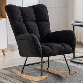 Rocking Chair With Pocket, Soft Teddy Fabric Rocking Chair For Nursery, Comfy Wingback Golider Rocking Chair With Safe Solid Wood Base For Living (Color: Black)