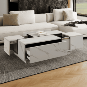 Rectangular Sliding Top Coffee Table With 2 Drawers And 2 Hidden Storage For Living Room 47.2 (Color: White)