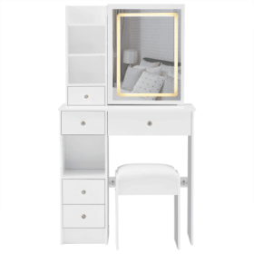29.2 Small Size Left Drawer Desktop Vanity Table  Cushioned Stool, Large Sliding, Touch Control, Tri-color Switching, Brightness Adjust LED Mirro (Color: White)