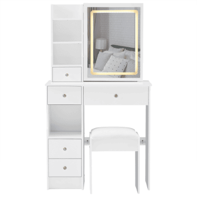 29.2 Small Size Left Drawer Desktop Vanity Table  Cushioned Stool, Large Sliding, Touch Control, Tri-color Switching, Brightness Adjust LED Mirro