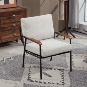 Modern Accent Chair With Natural Wood Armrests And Black Metal Frame, Light Beige Upholstered Seat And Backrest, Comfortable Lounge Chair For Bed (Color: Beige)