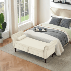 63.38Velvet Multifunctional Storage Rectangular Ottoman Bench Comes With Crystal Buckle Solid Wood Legs With 1 Pillow (Color: Beige)