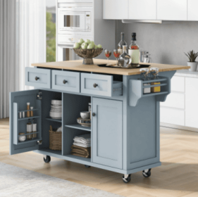 Kitchen Cart With Rubberwood Drop-Leaf Countertop, Cabinet, Storage Racks (Color: Blue)