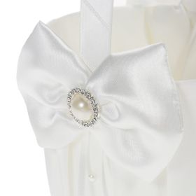7 * 7 inches White Satin Bowknot Rhinestone Decorated Ring Bearer Pillow and Wedding Flower Girl Basket Set (Option: as picture)