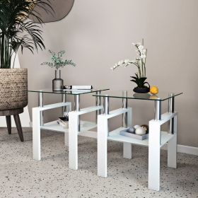 2-Pc Modern Tempered Glass Coffee Tea End Tables For Living Room (Color: White)