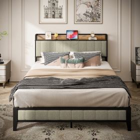 Queen Size Bed Frame With Charging Station, Upholstered Headboard, Metal Platform, Grey (Option: BlackGrey)
