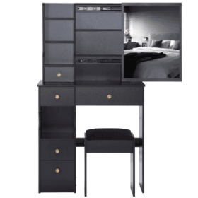29.2 Small Space Left Drawer Desktop Vanity Table  Cushioned Stool, Extra Large Right Sliding Mirror, Multi Layer High Capacity Storage, Practica (Color: Black)
