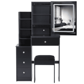 29.2 Small Size Left Bedside Cabinet Vanity Table   Cushioned Stool, Large Sliding  Touch Control  Tri-color Switching, Brightness Adjust LED Mir (Color: Black)