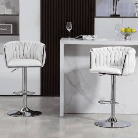 360 Fabric Cover Swivel Bar Stools Set Of 2, Adjustable Counter Height Bar Chairs With Woven Back & Footrest, Silver Chromed Bar Stools For Kitch (Color: Beige)