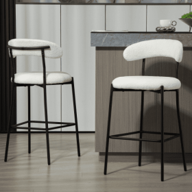 26 Counter Height Bar Stools Teddy Fabric Cover Kitchen Island Counter Bar Stool With Black Powder Coating Base And Footrest (Color: White)
