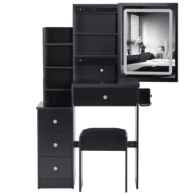 29.2 Small Size Left Bedside Cabinet Vanity Table   Cushioned Stool, 2 AC  2 USB Power Station, Hair Dryer Bracket  Extra Large Touch Control Sli (Color: Black)