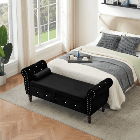 63.38Velvet Multifunctional Storage Rectangular Ottoman Bench Comes With Crystal Buckle Solid Wood Legs With 1 Pillow (Color: Black)