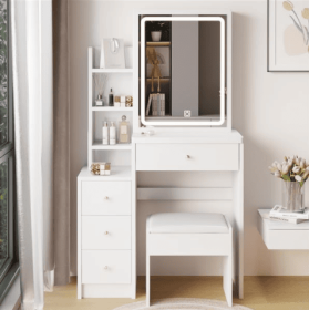 Small Size Left Bedside Table, Dressing Table With Soft Cushion Stool, Oversized Touch Sliding LED Mirror, Tri Color Switching, Adjustable Bright (Color: White)
