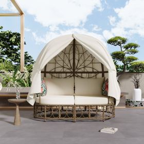 GO 59.8  Daybed Outdoor Sunbed With Colorful Pillows, Wicker Patio Daybed With Curtain, Floral Patte (Color: Beige)